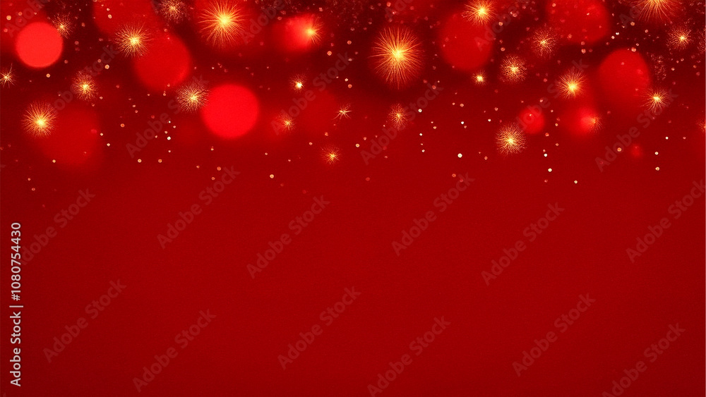 Festive Red Christmas Background with Golden Bokeh and Sparkling Stars