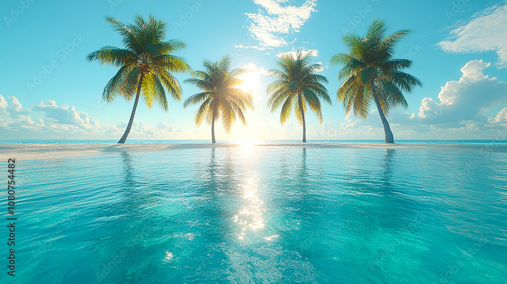 Four tall palm trees stand majestically on a small island with turquoise waters glistening under the sun. Four tall palm trees stand majestically on a small island with turquoise waters glistening under the sun.