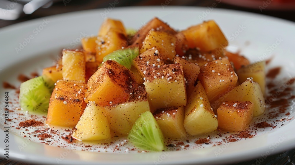 A plate of diced pineapple, cantaloupe, and kiwi topped with cinnamon. A plate of diced pineapple, cantaloupe, and kiwi topped with cinnamon.