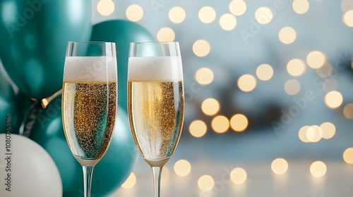 Two elegant champagne flutes filled with bubbly champagne against a festive background.