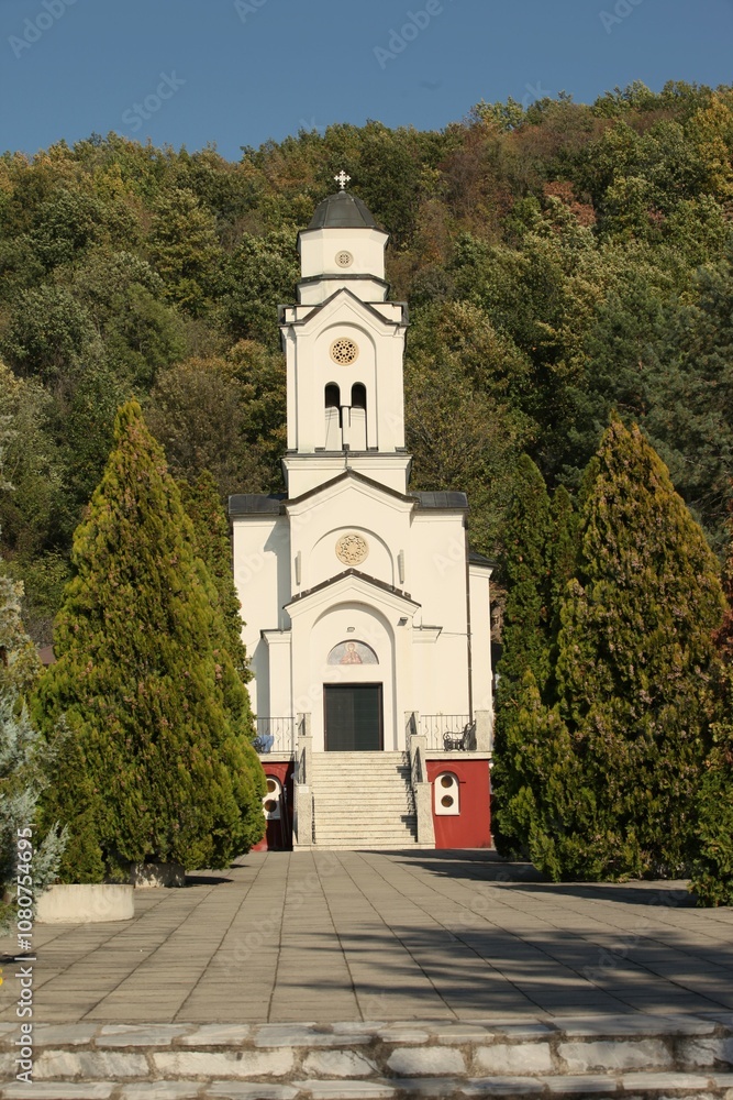 White church in the valley area, landscape