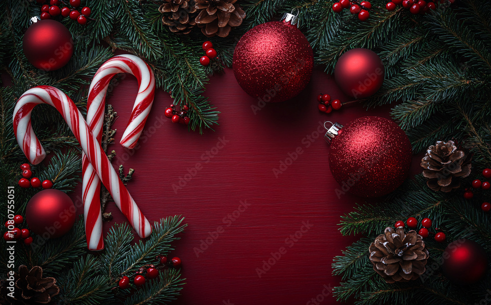 A festive flat lay featuring candy canes, red ornaments, and fir branches, ideal for Christmas-themed designs, cards, and holiday marketing. A festive flat lay featuring candy canes, red ornaments, and fir branches, ideal for Christmas-themed designs, cards, and holiday marketing.