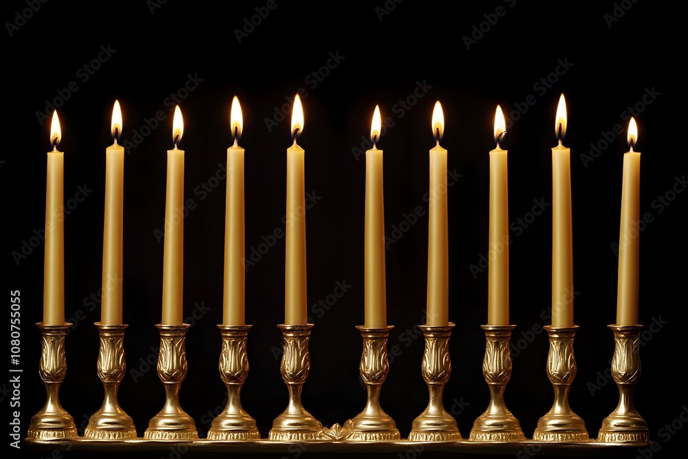 Fototapeta premium Candles lit on a decorative menorah.