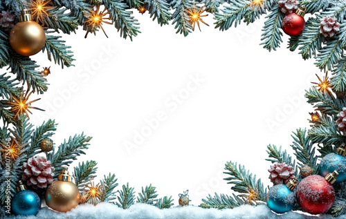 Festive Christmas frame with pine branches, golden ornaments, snowflakes, and warm lights. Perfect for holiday-themed designs or greeting cards, on a transparent background.

