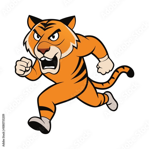 "Fierce tiger mascot logo in dynamic, aggressive running stance, with sharp eyes, bared fangs, and powerful muscles. Perfect for sports teams or brands wanting bold, intense energy."