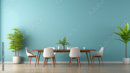 Modern Dining Room Interior Design with Blue Wall and Wooden Table