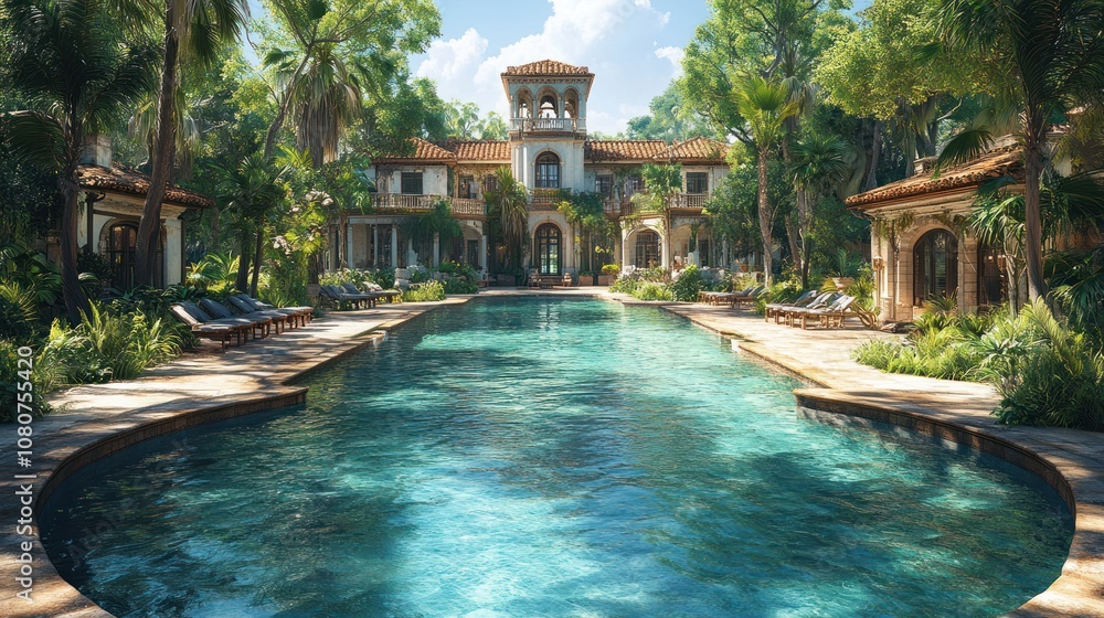 Luxurious villa with a serene pool surrounded by lush greenery. Luxurious villa with a serene pool surrounded by lush greenery.