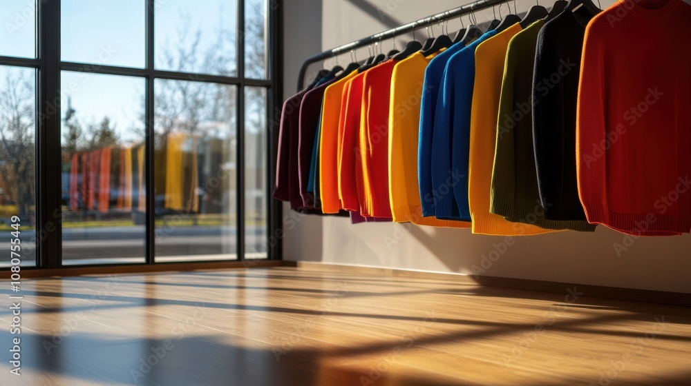 Bright sunlight illuminates colorful sweaters on display in a stylish, modern clothing store. Bright sunlight illuminates colorful sweaters on display in a stylish, modern clothing store.