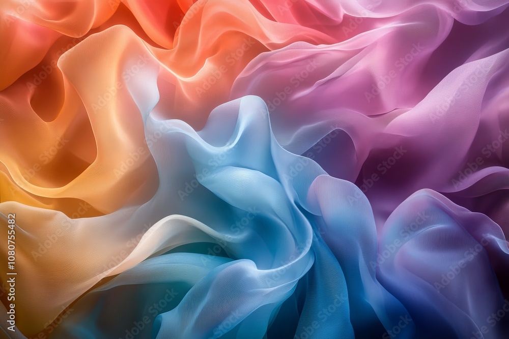Fototapeta premium Vibrant abstract image featuring flowing, fabric-like waves in a spectrum of colors, creating a dynamic and artistic background.