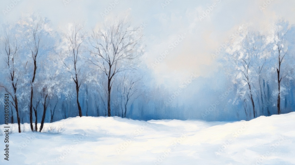 A serene winter landscape featuring snow-covered fields and bare trees under a soft blue sky. A serene winter landscape featuring snow-covered fields and bare trees under a soft blue sky.