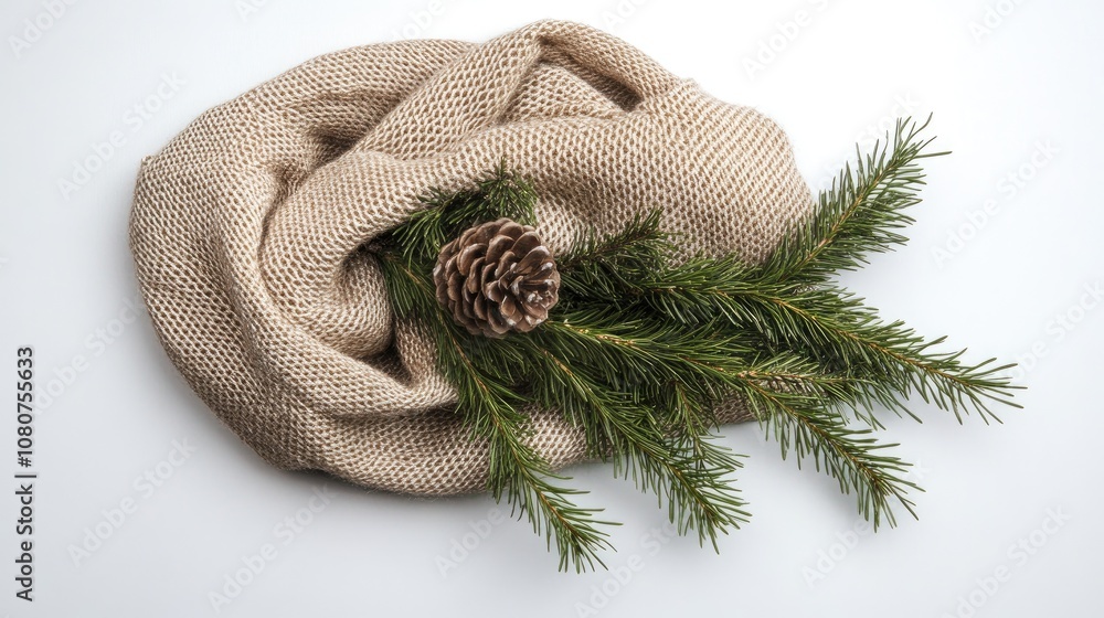 Fototapeta premium Pine Branch and Pine Cone on a Knitted Fabric