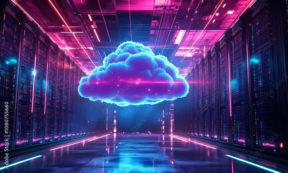 A glowing cloud hovers above a server room with neon lights. A glowing cloud hovers above a server room with neon lights.