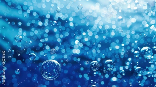 Create a serene background with water drops scattered across a gradient blue surface, complemented by a soft glow and gentle light refractions.