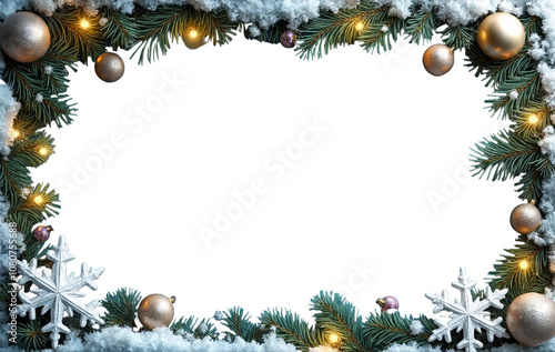 Festive Christmas frame with pine branches, golden ornaments, snowflakes, and warm lights. Perfect for holiday-themed designs or greeting cards, on a transparent background.

