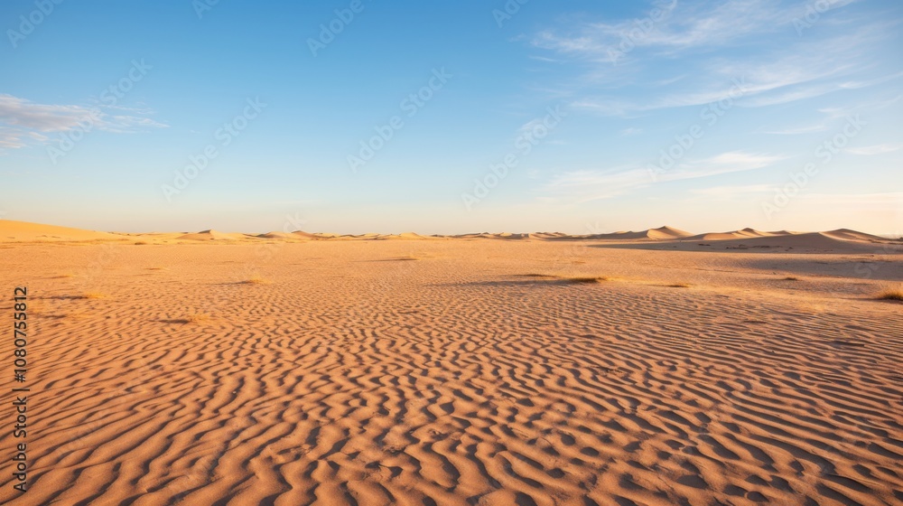 Serene desert landscape with rippled sand dunes under a clear blue sky. Serene desert landscape with rippled sand dunes under a clear blue sky.