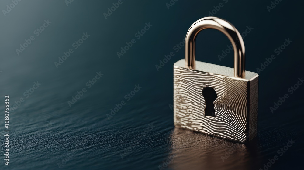 Naklejka premium A sleek golden padlock with fingerprint design symbolizes security and identity on a dark, elegant surface.