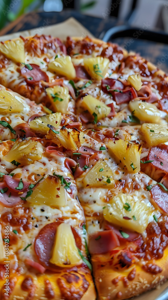 Hearty Hawaiian pizza with pineapple, ham, tangy tomato sauce, and a perfectly crisp crust Hearty Hawaiian pizza with pineapple, ham, tangy tomato sauce, and a perfectly crisp crust