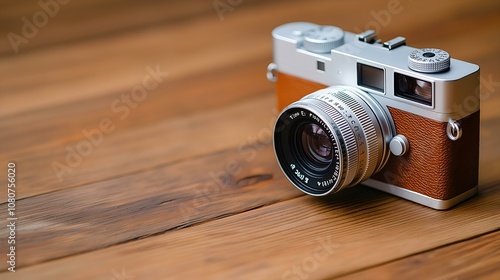 Vintage camera on wooden surface, showcasing its stylish design and classic features. photo