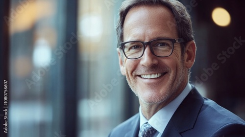 A man wearing a suit and glasses is smiling