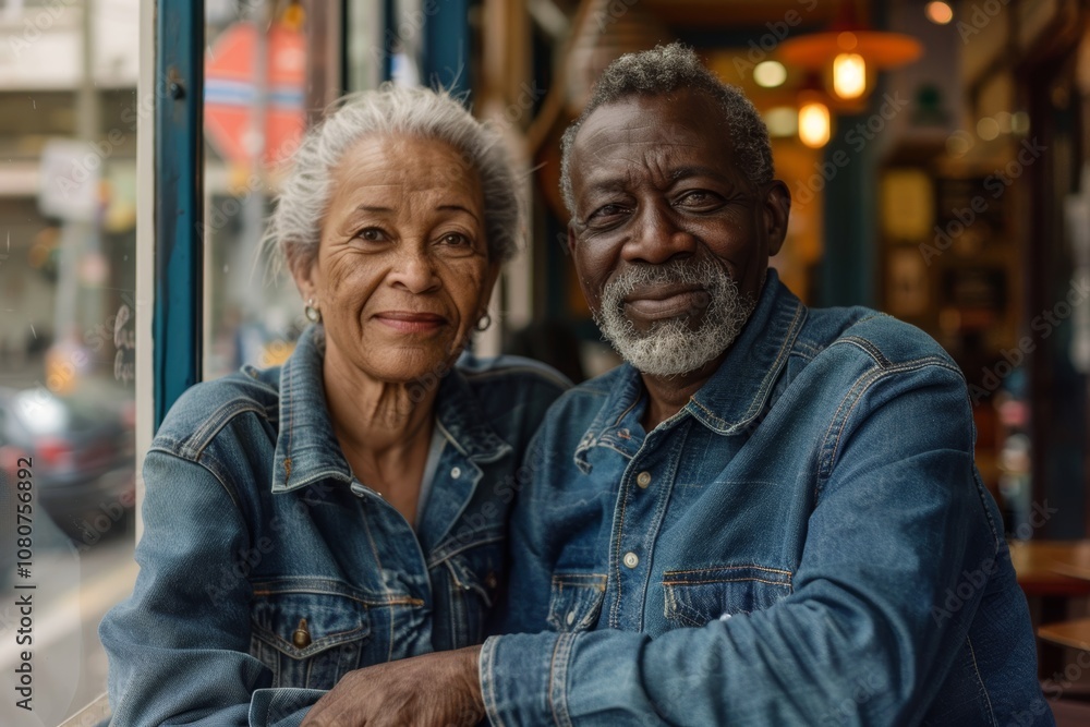Portrait of a tender multicultural couple in their 70s sporting a versatile denim shirt while standing against bustling city cafe Portrait of a tender multicultural couple in their 70s sporting a versatile denim shirt while standing against bustling city cafe