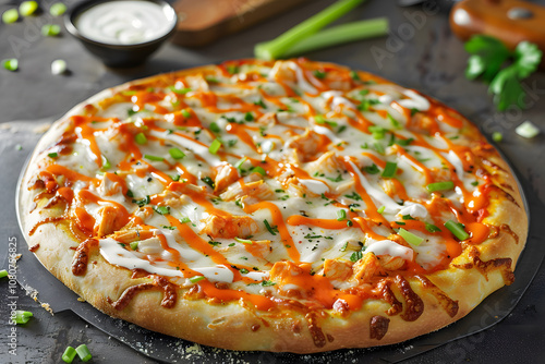 Tasty buffalo chicken pizza with crispy crust and creamy ranch dressing for bold flavor
