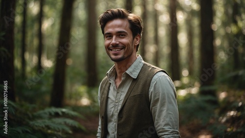 Young man in green vest standing in forest surrounded by trees and soft natural light outdoors