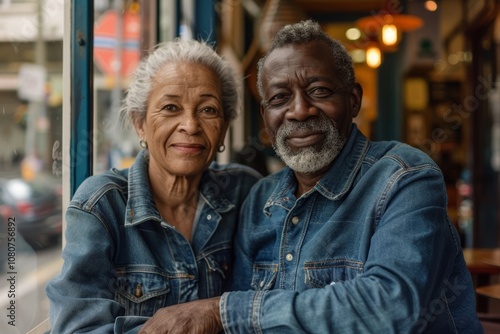 Portrait of a tender multicultural couple in their 70s sporting a versatile denim shirt while standing against bustling city cafe