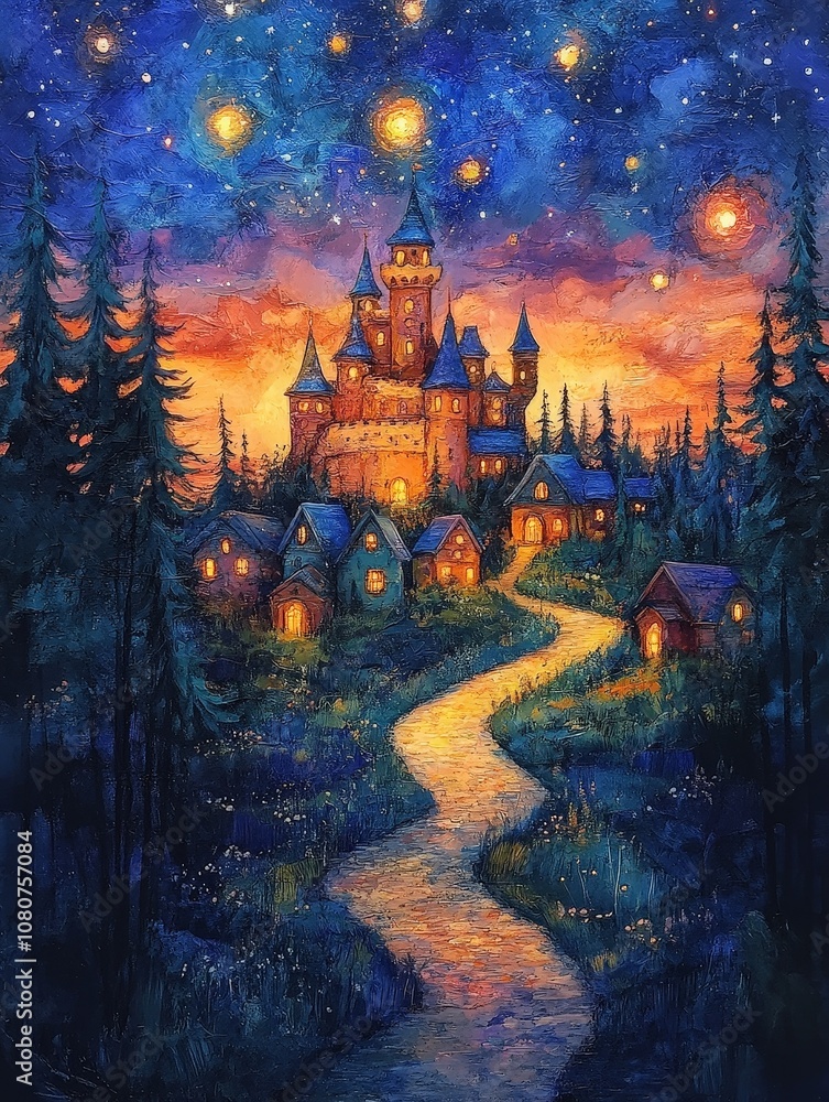 Whimsical Enchanted Castle Under Starry Sky Whimsical Enchanted Castle Under Starry Sky