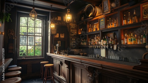 the counter bar in a cosy old english or irish pub with lots of whisky bottles in the background photo