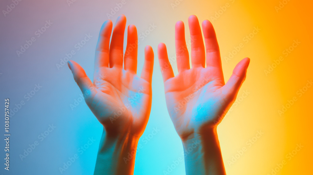 Hands raised against a gradient background with a blend of warm and cool colors to evoke a sense of expression and emotion Hands raised against a gradient background with a blend of warm and cool colors to evoke a sense of expression and emotion