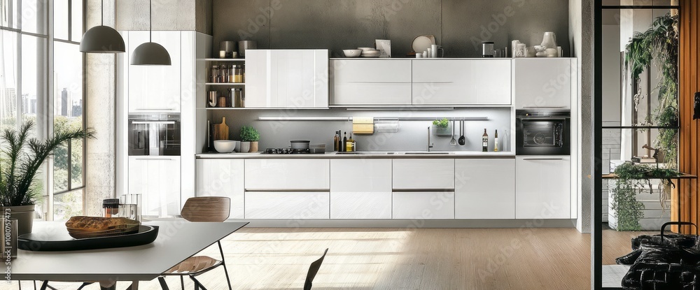 Modern White Kitchen with Stainless Steel Appliances and Wooden Floor Modern White Kitchen with Stainless Steel Appliances and Wooden Floor