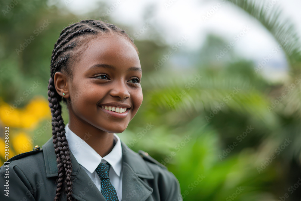 Smiling African girl in school uniform outdoors on campus, detailed portrait