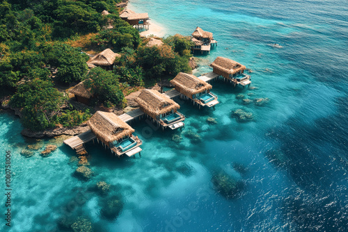 A row of thatched roof bungalows are perched over the sparkling turquoise sea, embraced by lush greenery. photo