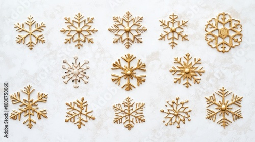 A Collection of Golden Snowflakes on a White Background