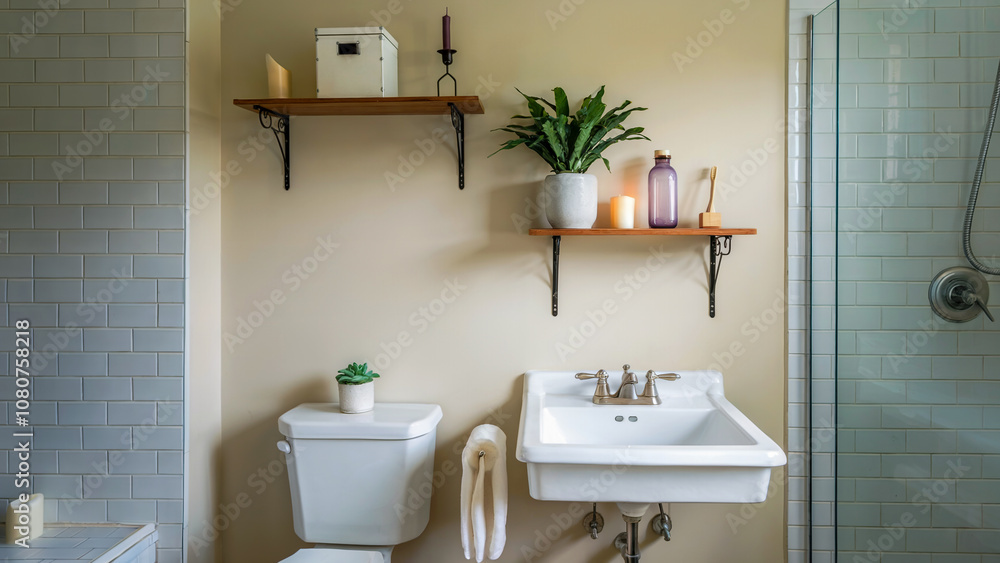 Fototapeta premium An organized bathroom featuring eco-friendly essentials like bamboo toothbrushes, refillable glass bottles, and natural toiletries on simple shelves.