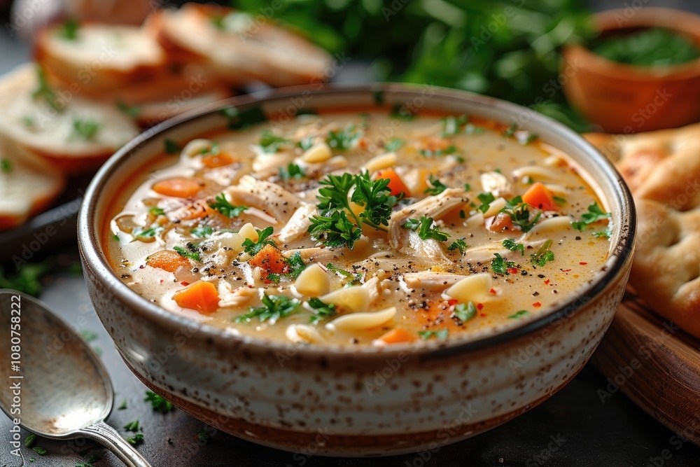 Chicken noodle soup with parsley garnish in a ceramic bowl Chicken noodle soup with parsley garnish in a ceramic bowl