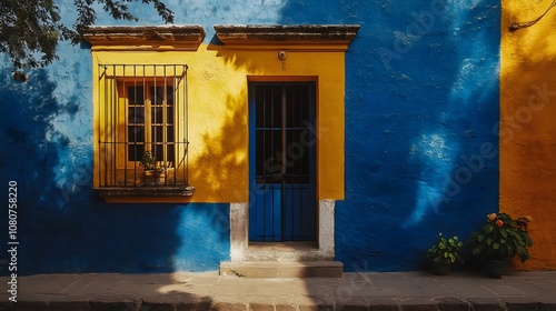A blue and yellow house with window frames and a door, featuring vibrant wall paint