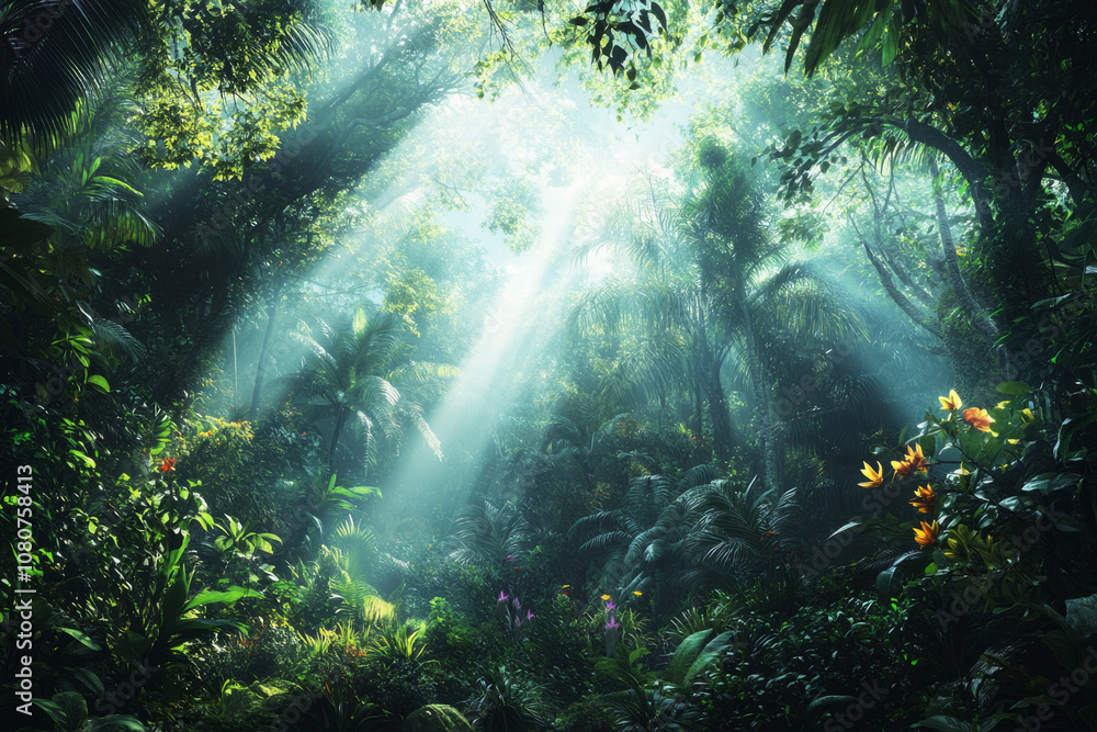 A lush African rainforest with towering trees and vibrant greenery, creating a dense, serene natural scene full of life A lush African rainforest with towering trees and vibrant greenery, creating a dense, serene natural scene full of life