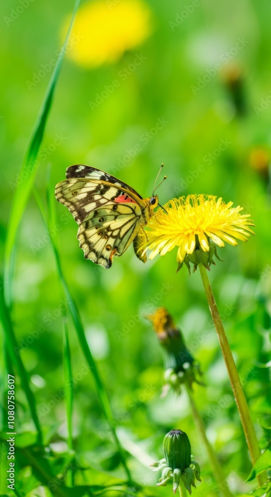 Butterfly resting on spring dandelion flower in vibrant green meadow Butterfly resting on spring dandelion flower in vibrant green meadow