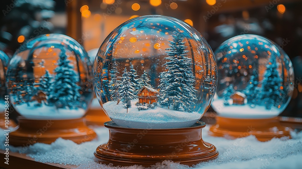 Enchanting winter snow globe display with pine trees and cozy cabin amidst soft snowflakes Enchanting winter snow globe display with pine trees and cozy cabin amidst soft snowflakes