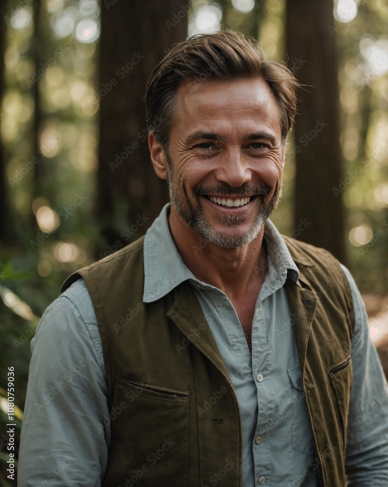 Mature man in casual green vest and blue shirt standing in a forest with natural light outdoors Mature man in casual green vest and blue shirt standing in a forest with natural light outdoors