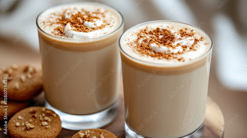 Delicious Creamy Coffee with Spiced Cookies on a Cozy Table Delicious Creamy Coffee with Spiced Cookies on a Cozy Table