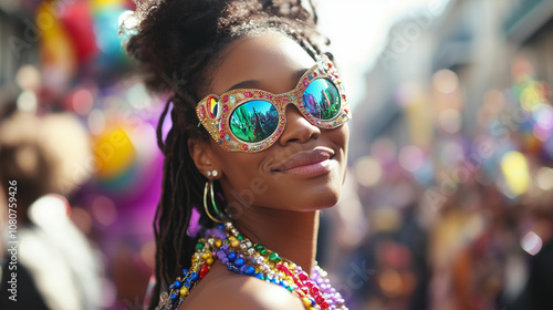 A joyful woman celebrates Mardi Gras with vibrant beads and festive sunglasses in New Orleans' lively parade atmosphere