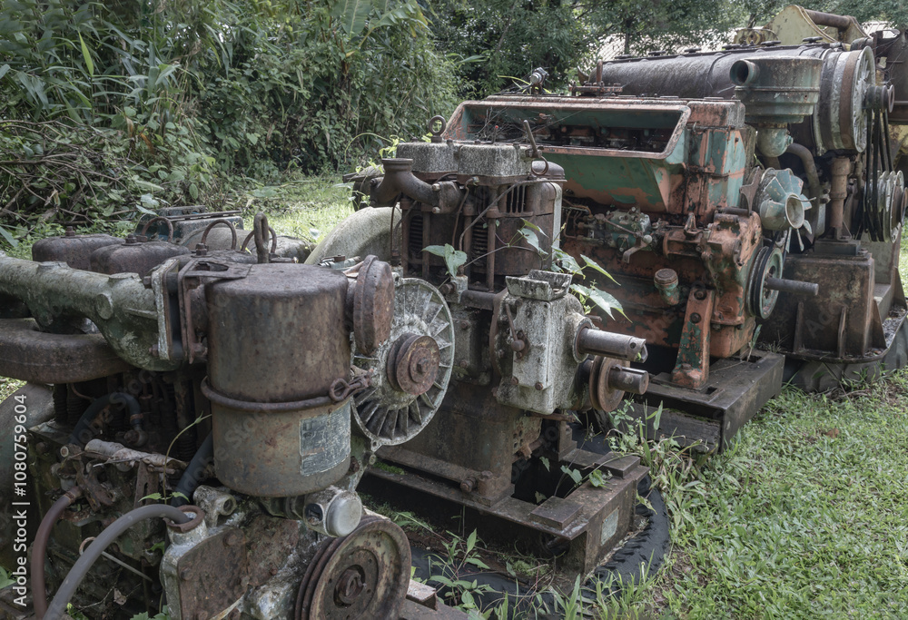 Rusty metal old machine in abandoned outdoor. Broken and rustic machine left over in abandon, Old machine made of steel and used in the mining industry, Space for text. Rusty metal old machine in abandoned outdoor. Broken and rustic machine left over in abandon, Old machine made of steel and used in the mining industry, Space for text.