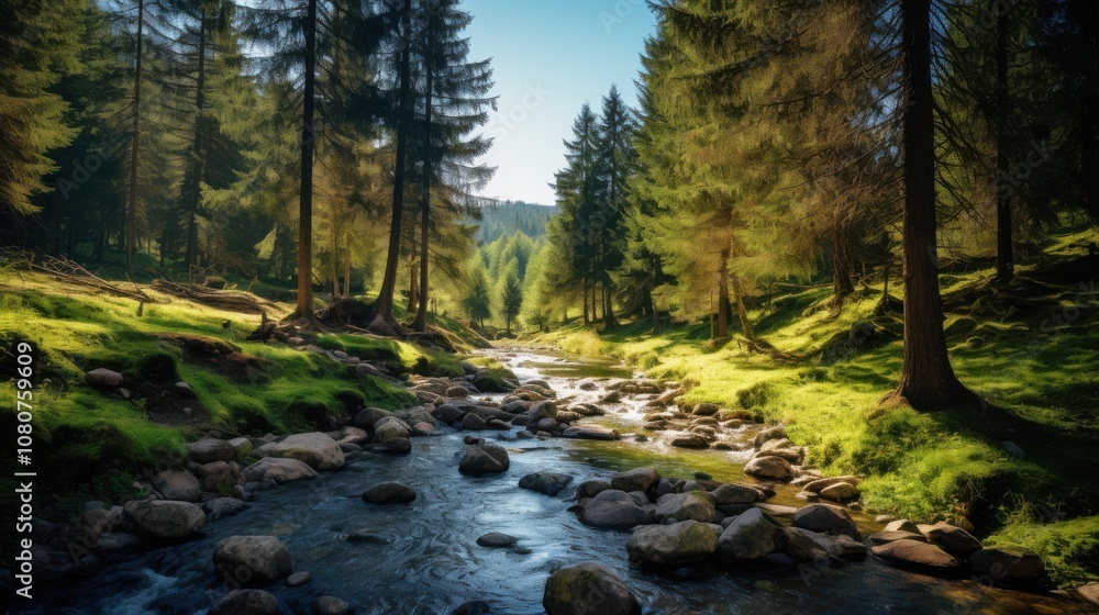 Pristine mountain stream flows through a sun-drenched alpine forest. Pristine mountain stream flows through a sun-drenched alpine forest.