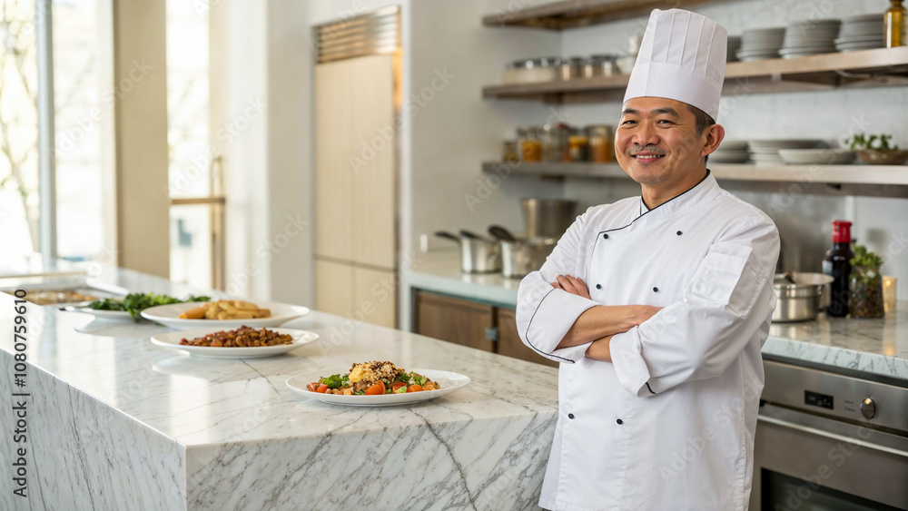 Asian male chef in a white chef’s coat and hat, standing proudly beside a marble countertop with freshly plated gourmet dishes in a restaurant kitchen. Culinary arts, professional chefs. AI generated Asian male chef in a white chef’s coat and hat, standing proudly beside a marble countertop with freshly plated gourmet dishes in a restaurant kitchen. Culinary arts, professional chefs. AI generated