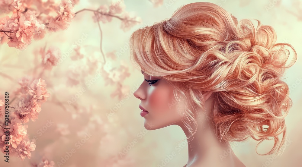 Naklejka premium A profile of a woman with elegant, styled hair against a dreamy floral background, evoking beauty and tranquility.