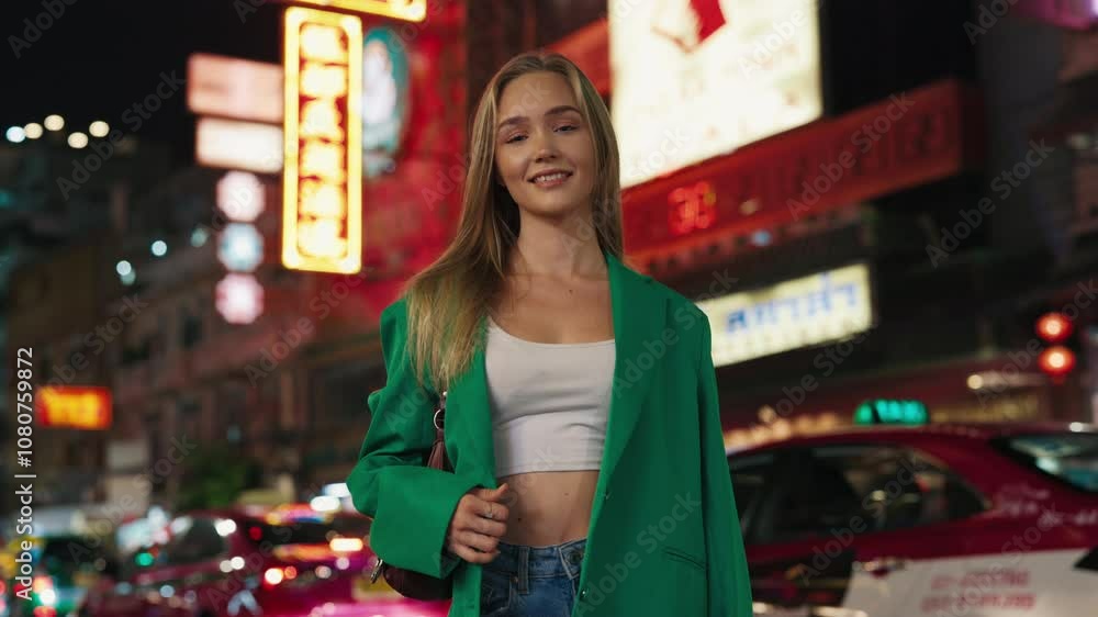 Portrait of smiling blonde woman in jacket and white top looking in camera on night city street. Pretty female with positive attitude shows happiness against driving cars in evening Portrait of smiling blonde woman in jacket and white top looking in camera on night city street. Pretty female with positive attitude shows happiness against driving cars in evening