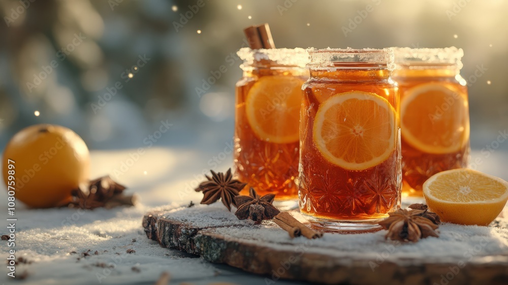 Festive Winter Drinks with Citrus and Spices in Beautiful Sunset Light Festive Winter Drinks with Citrus and Spices in Beautiful Sunset Light
