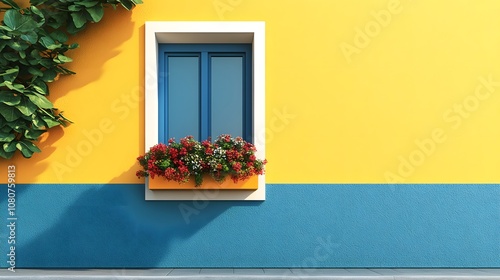 A blue and yellow house with window frames and a door, featuring vibrant wall paint